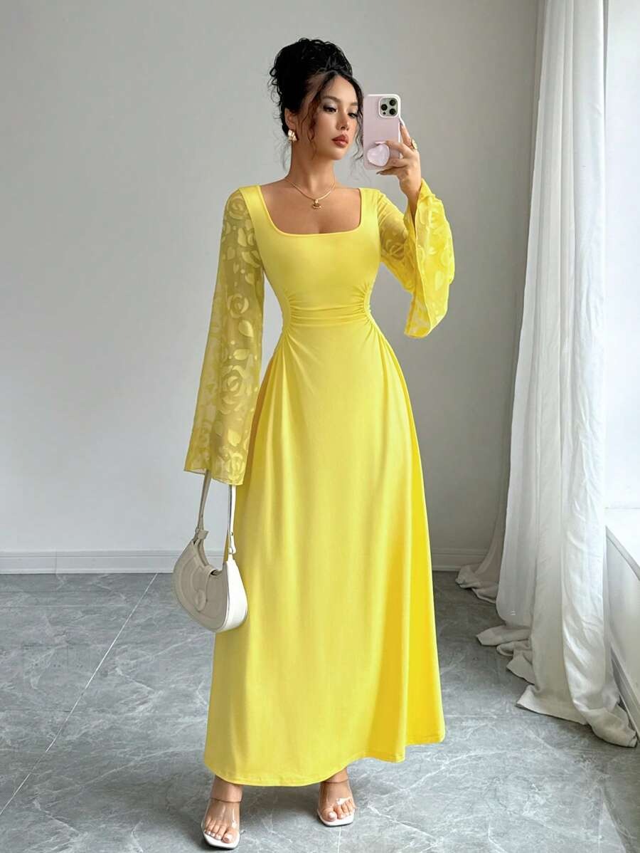 SHEIN Elenzga فستان أصفر بياقة مربعة وأكمام طويلة