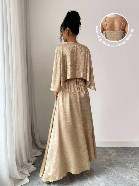 SHEIN فستان سهرة ذهبي بفتحة أمامية وظهر مكشوف