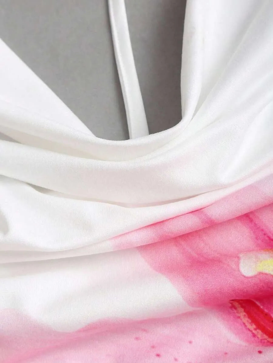 SHEIN Sweetra فستان وردي قصير من الخلف بلا ظهر بنقوش زهور ورقبة منسدلة