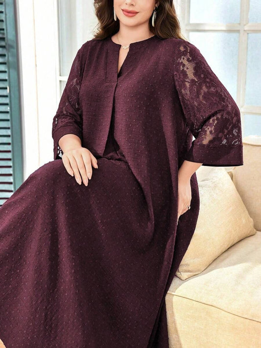 SHEIN فستان عربي أحمر بتفاصيل دانتيل فاخرة