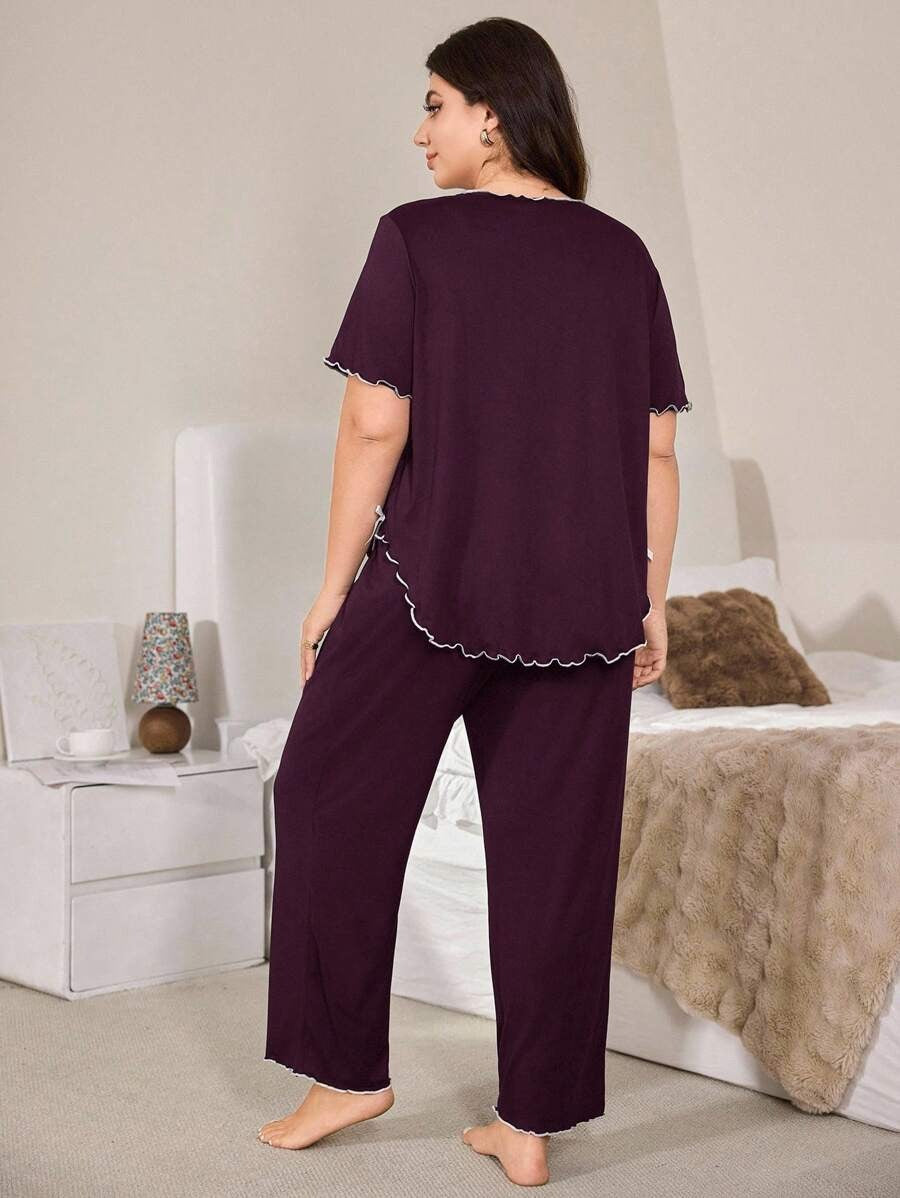 SHEIN Doze Lane طقم بيجامة ارجواني بياقة وفيونكة