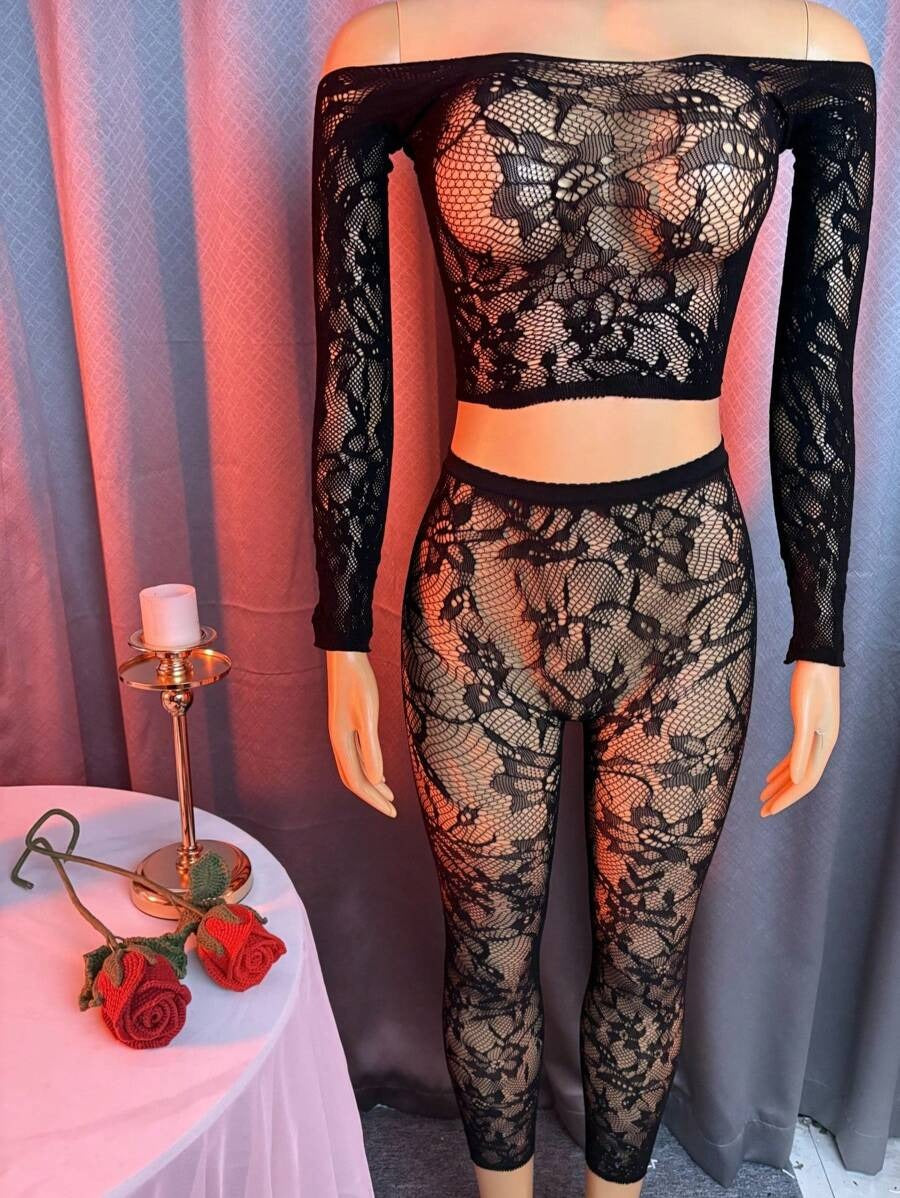 SHEIN طقم شفاف من قطعتين بالأسود قماش شبكي