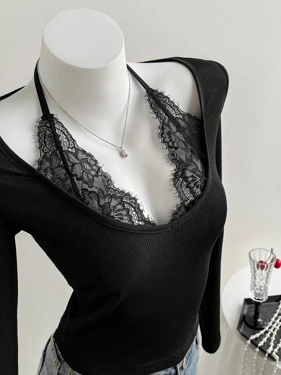 SHEIN Elamini بلوزة  نسائية دانتيل وتريكو بأكمام طويلة
