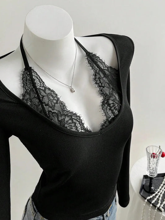 SHEIN Elamini بلوزة  نسائية دانتيل وتريكو بأكمام طويلة