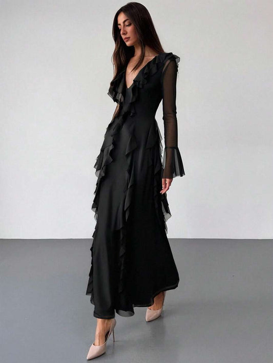 SHEIN Aloruh فستان اسود بقصة رقبة عميقة