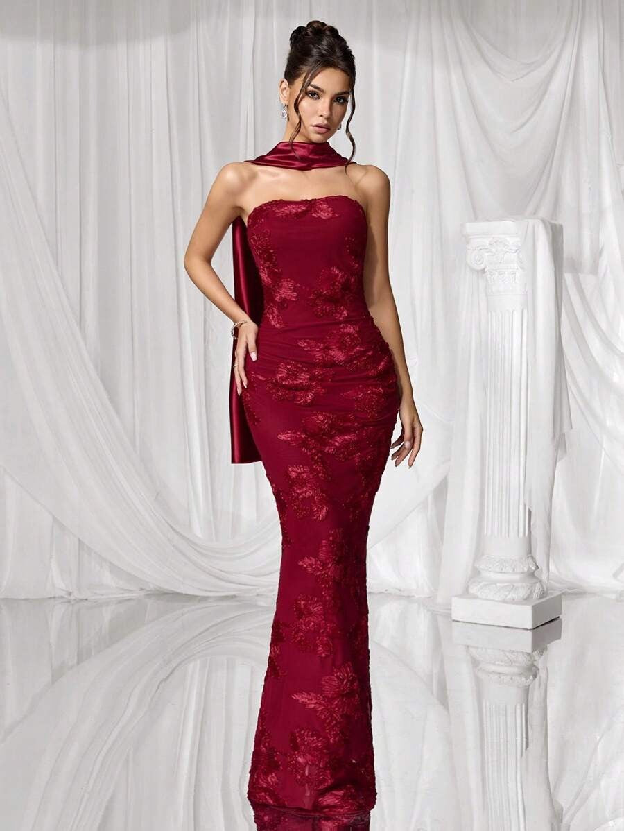 SHEIN Coutiva فستان سهرة أنيق بلون أحمر