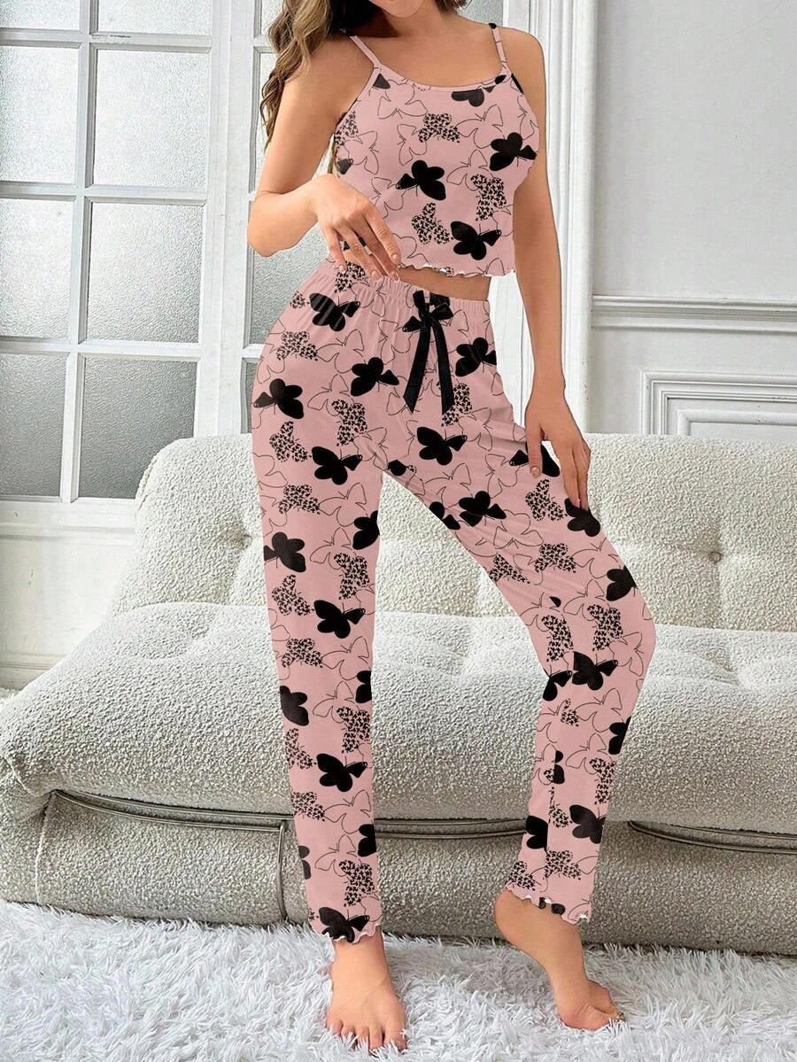 SHEIN طقم بيجامة فراشات نسائي كامي وبنطلون