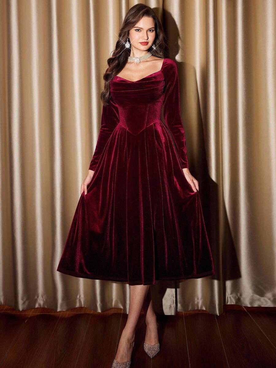 SHEIN فستان مخملي عنابي أنيق بجيوب وأكمام طويلة