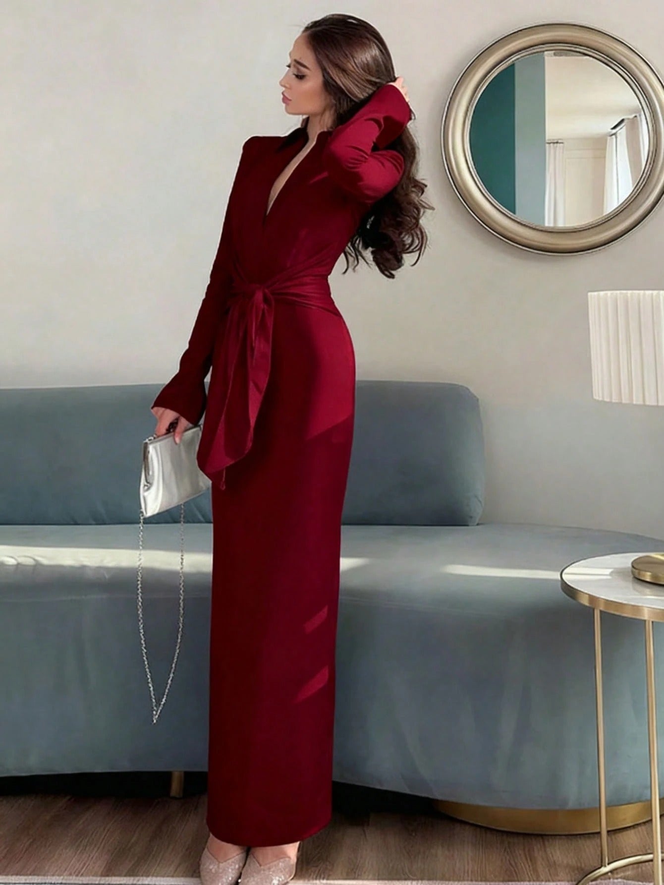 SHEIN فستان عنابي بأكمام طويلة وطوق وخصر مشدود بسحاب