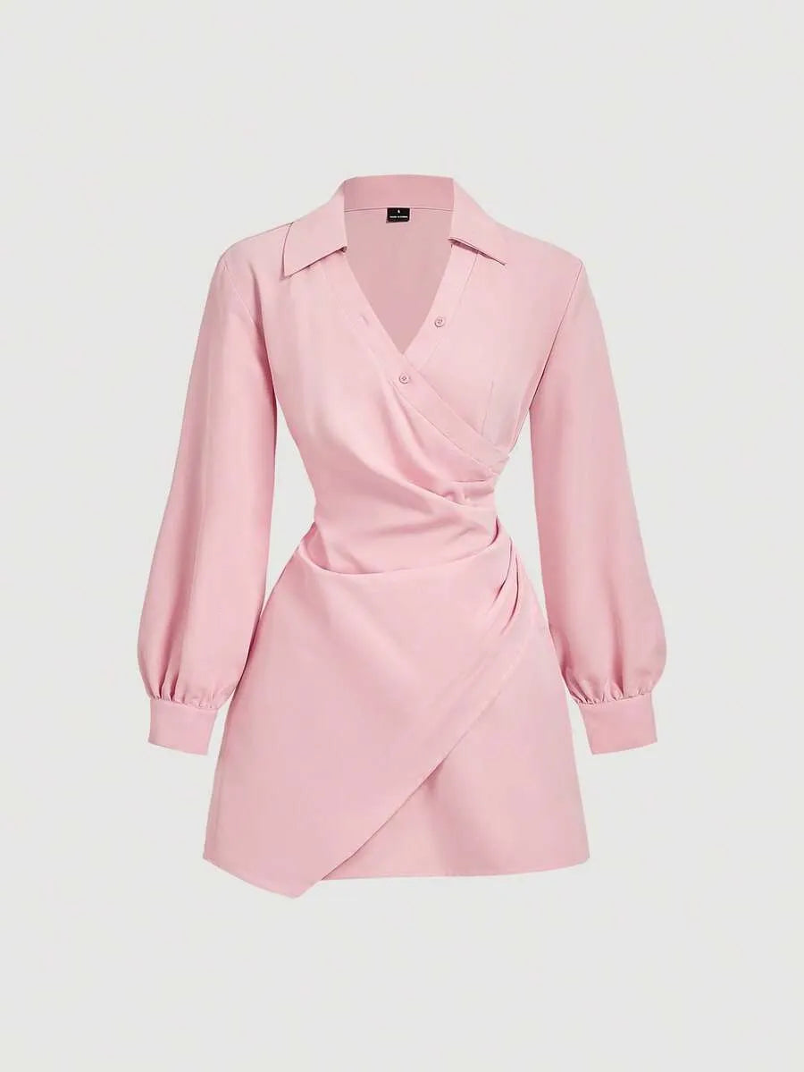 SHEIN MOD فستان ميني بياقة وأكمام طويلة وخصر ملفوف بلون وردي