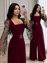 SHEIN Rafferiza جمبسوت بأكمام طويلة وتطريز وشبك وخصر محدد وزر معدني