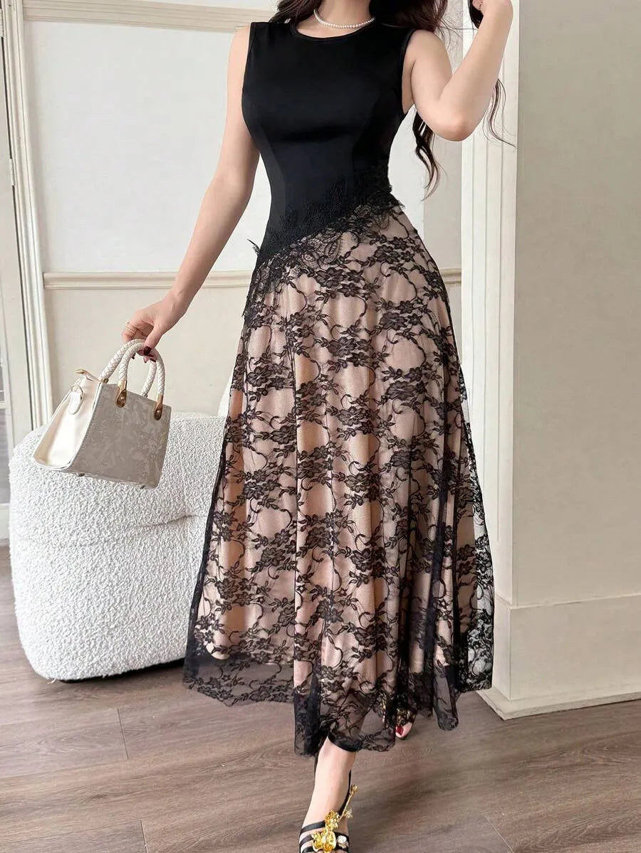 SHEIN Feyla فستان نسائي أنيق رومانسي من الدانتيل والرقعة