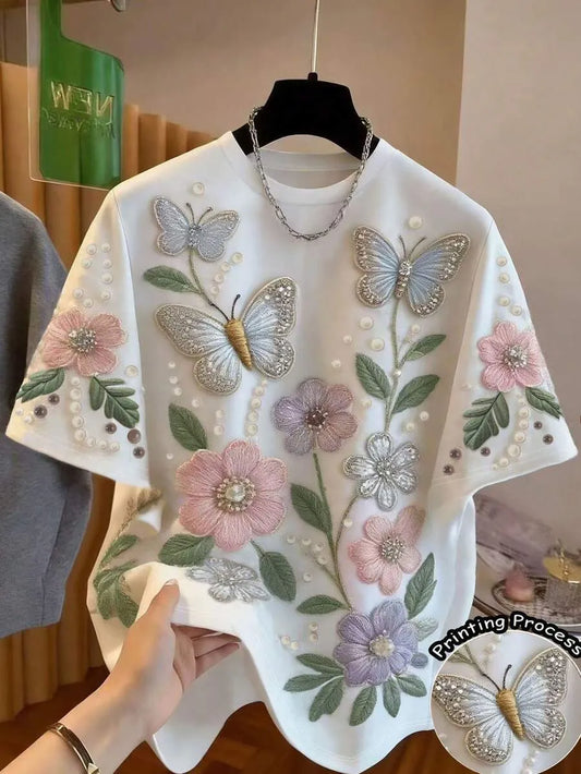 SHEIN Franclia تي شيرت نسائي بطبعة الفراشات والزهور