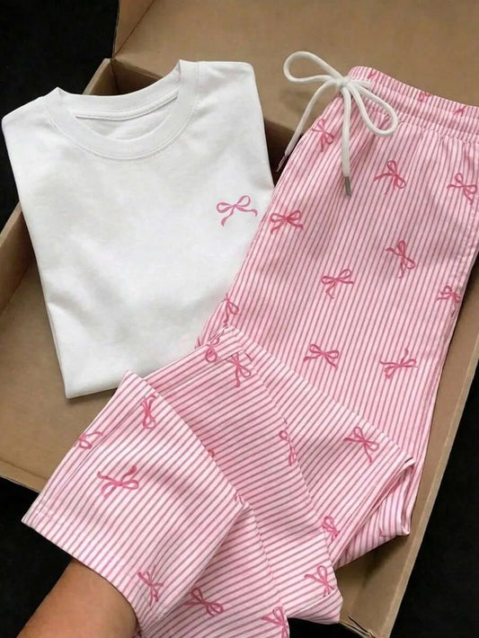 SHEIN طقم نسائي كاجوال أنيق من قطعتين (تيشيرت أبيض مطرز بفيونكة + بنطلون مخطط باللون الوردي)