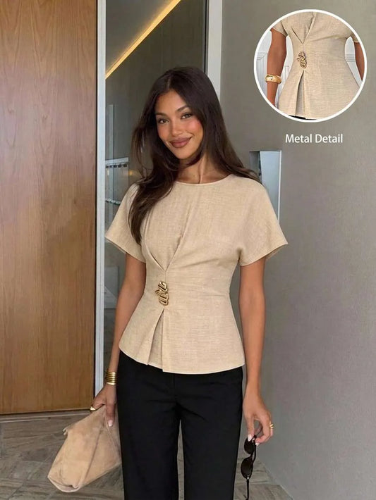 SHEIN Siren Gaze بلوزة نسائية أنيقة بخصر بيبلم وإبزيم معدني