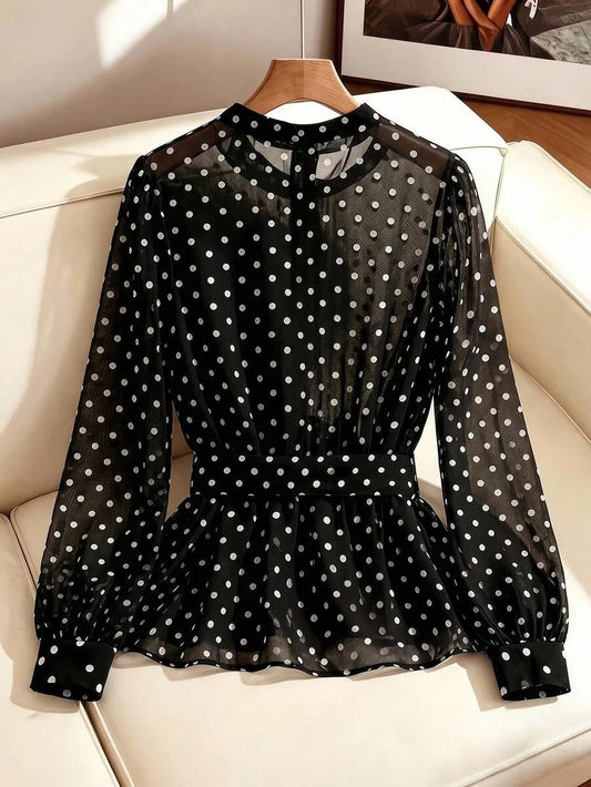 SHEIN Clasi بلوزة نسائية أنيقة بنقشة المنقط مع حزام خصر