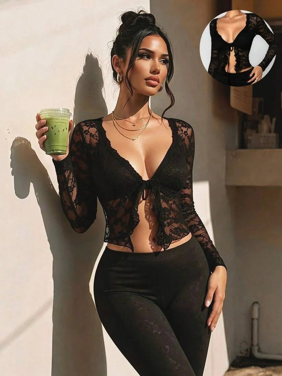 SHEIN Sirith كارديجان نسائي مزخرف بالدانتيل وربطة عنق