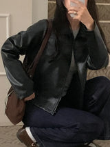 SHEIN DAZY جاكيت أسود من جلد صناعي سادة بسحاب كامل