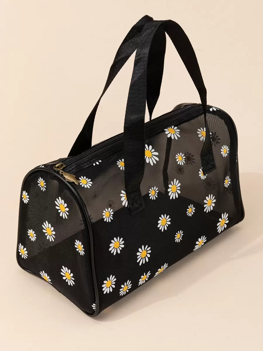 SHEIN حقيبة مكياج سوداء كبيرة شبكية بنقشة زهور