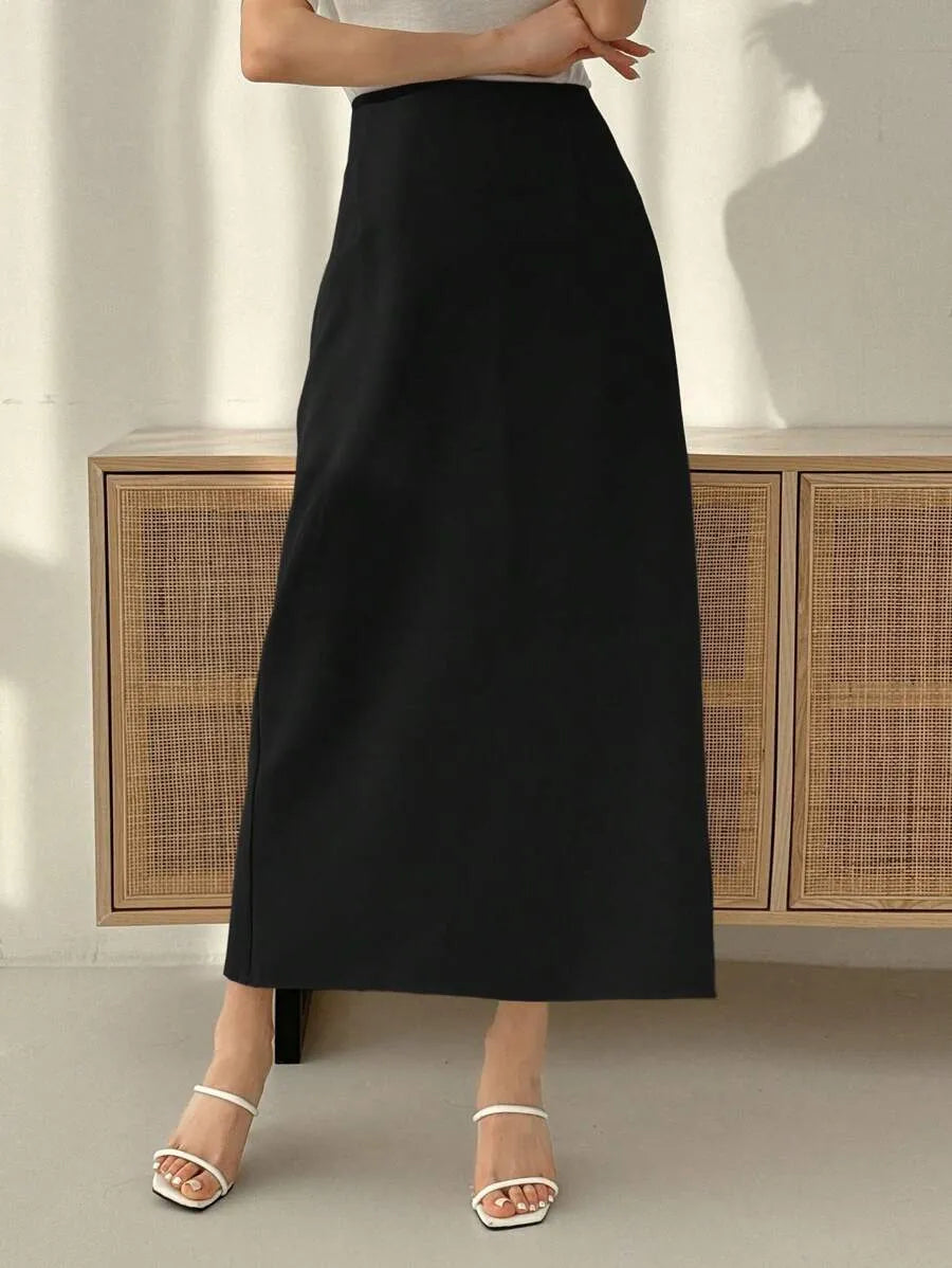 SHEIN DAZY تنورة ميد سوداء أنيقة بتصميم ذيل السمكة وشق خلفي