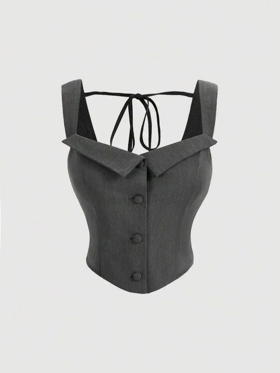 SHEIN MOD توب نسائي قصير بدون أكمام بكتف عريض ورباط خلفي بلون رمادي