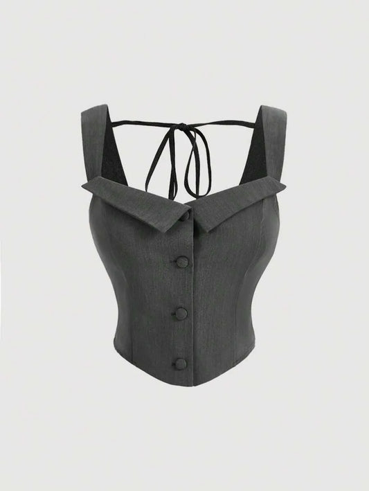 SHEIN MOD توب نسائي قصير بدون أكمام بكتف عريض ورباط خلفي بلون رمادي