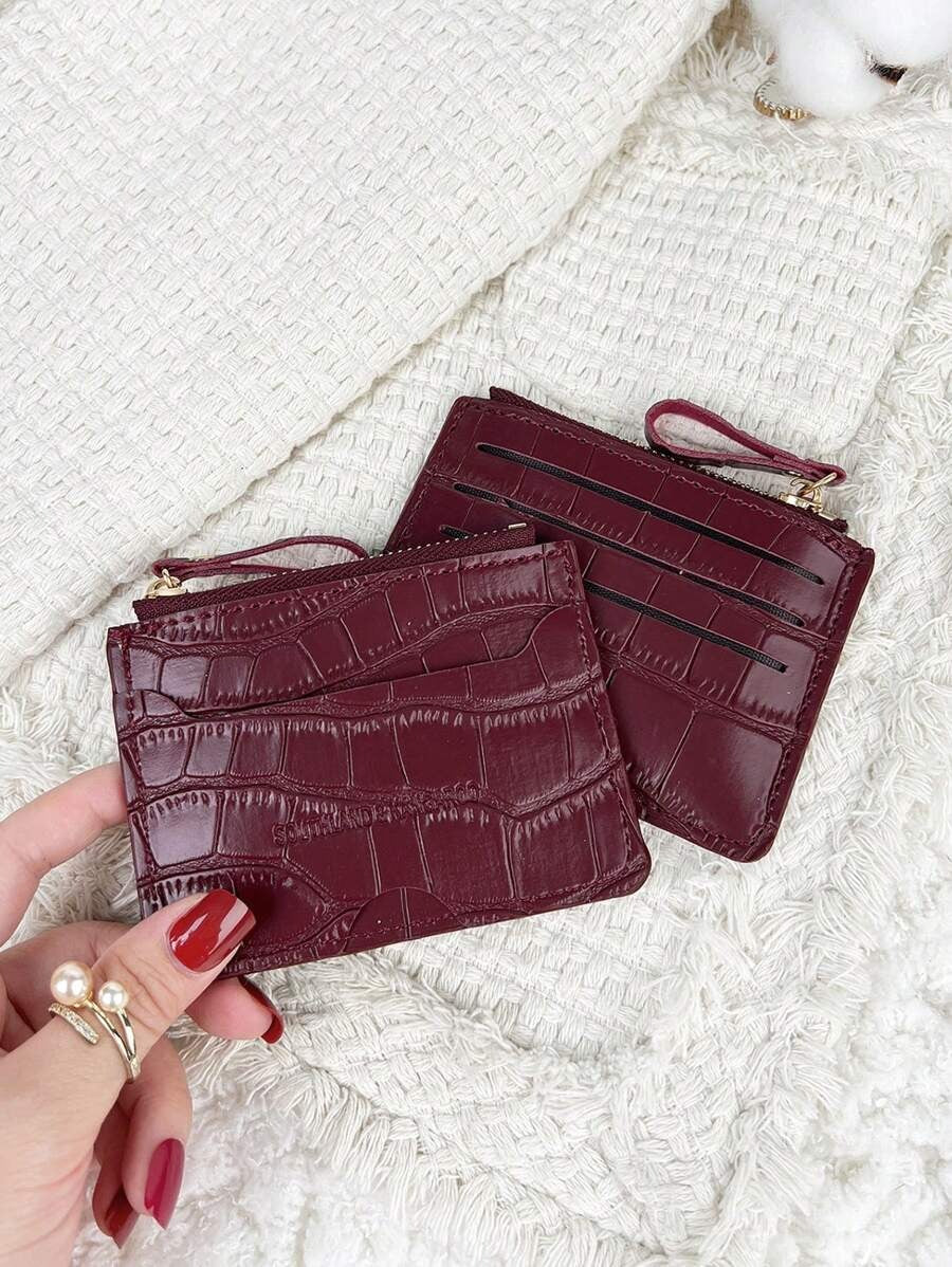 SHEIN محفظة صغيرة منقوشة بسحاب باللون عنابي غامق