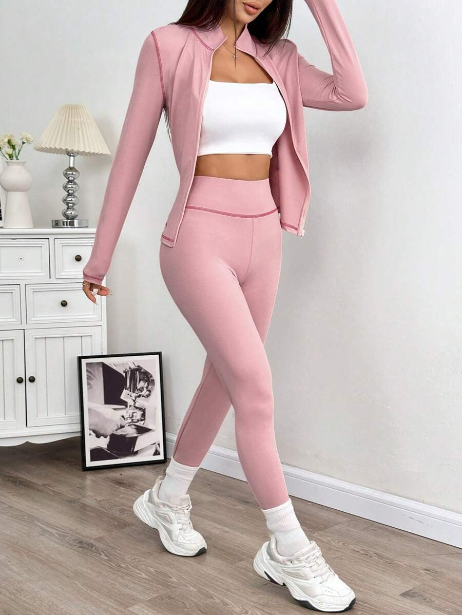 SHEIN EZwear طقم رياضي وردي جاكيت مع سروال ضيق