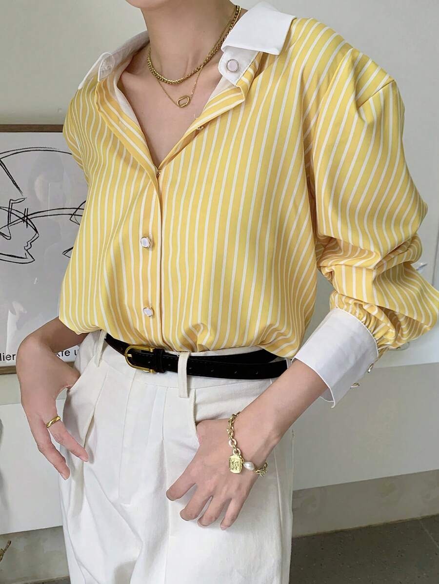 SHEIN INAWLY  قميص خفيف وطويل الأكمام مخطط بلون ناعم بلون أصفر