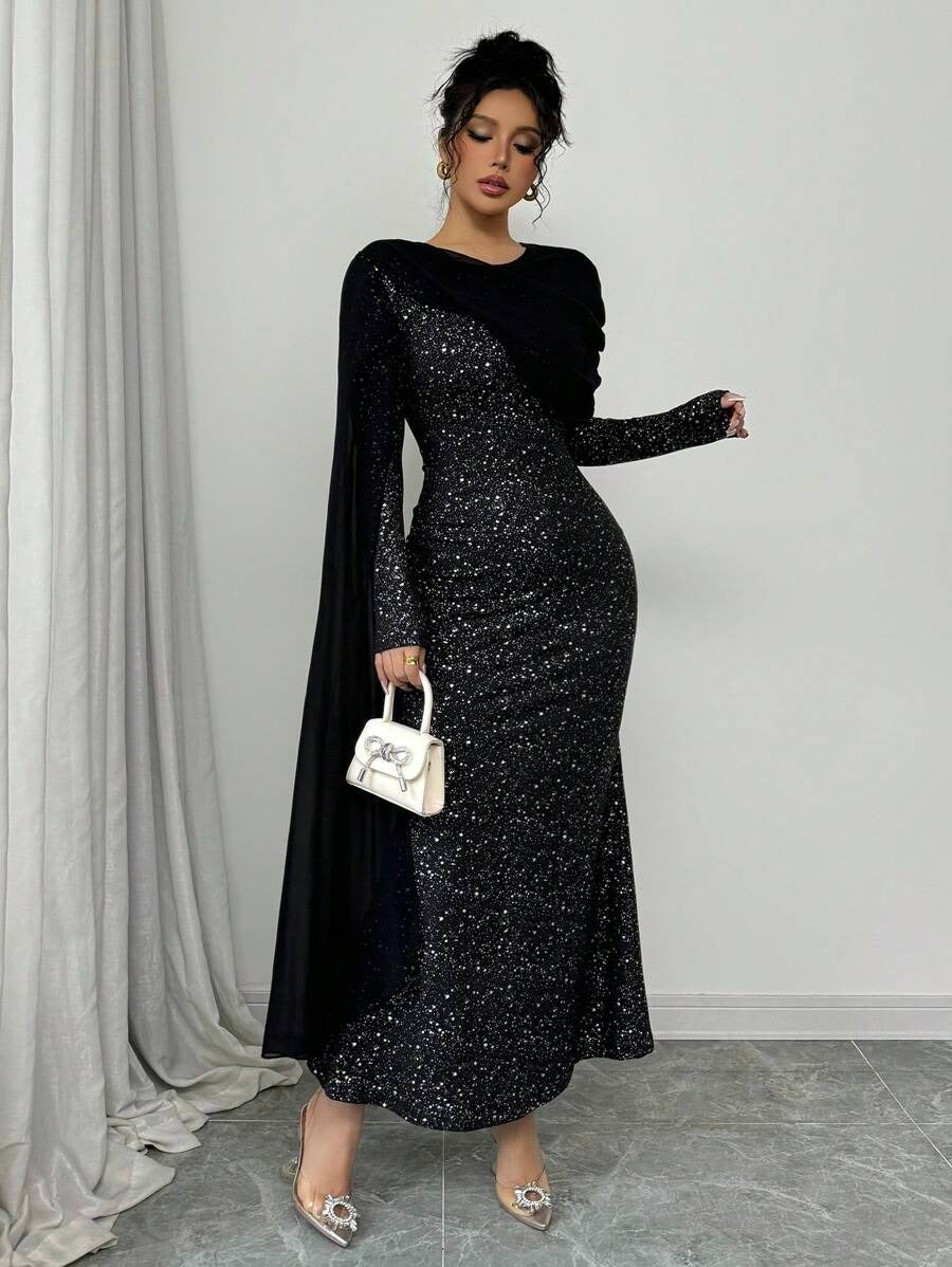 SHEIN Chiquease فستان سهرة أسود مزين بفصوص لامعة