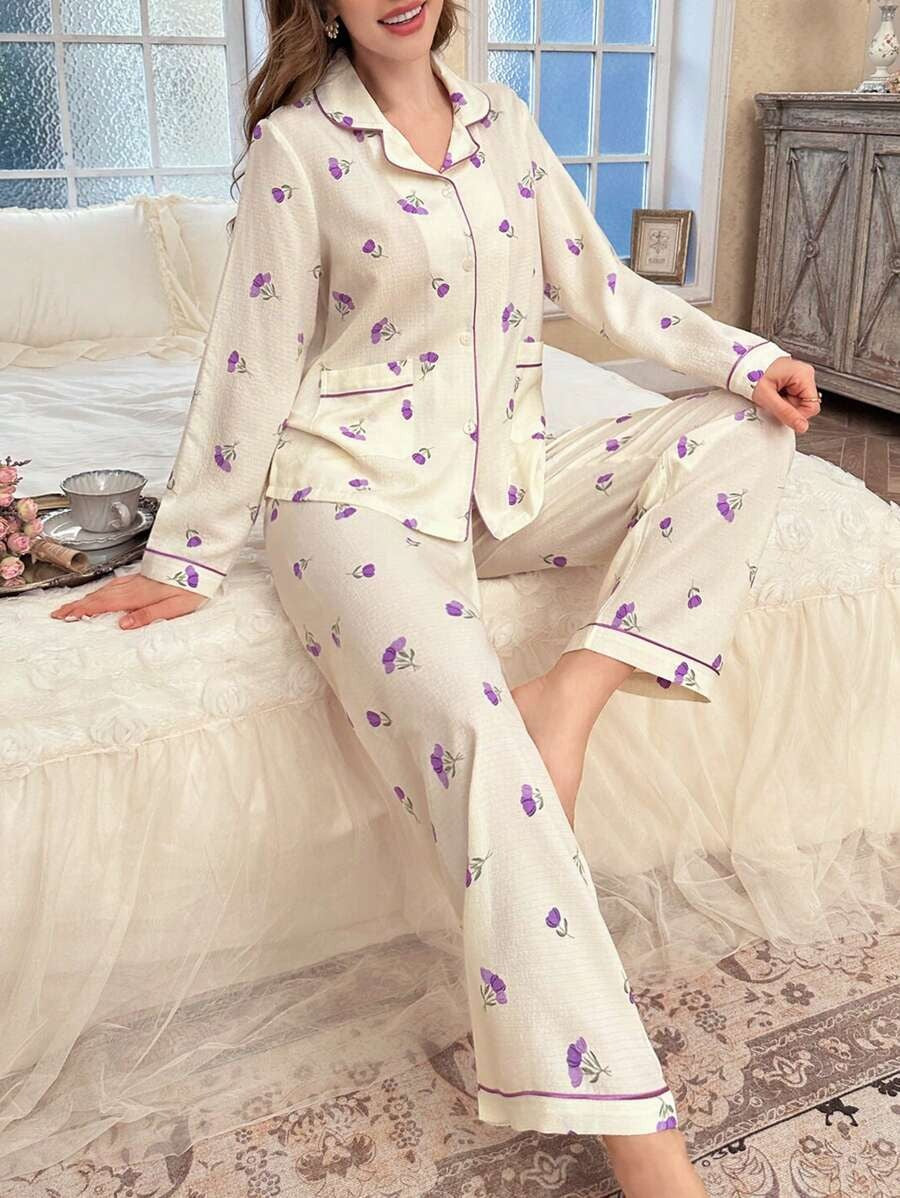 SHEIN CottageSlumber طقم بيجامةبلون أرجواني