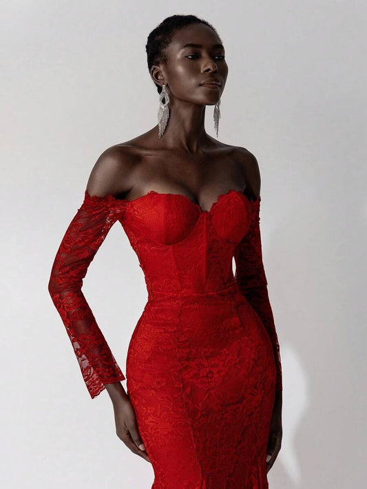 SHEIN فستان زفاف ماكسي أحمر دانتيل بأكمام طويلة وظهر مفتوح