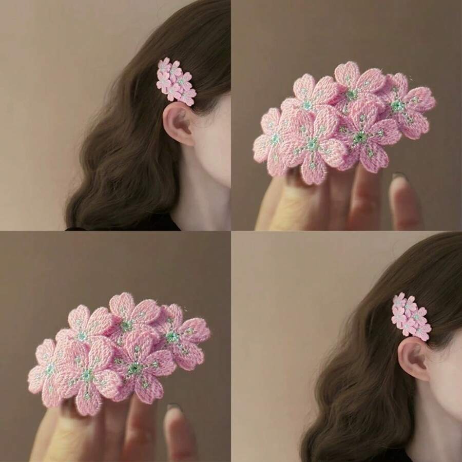 SHEIN طقم 4 قطع مشابك شعر مطرزة بزهور ملونة