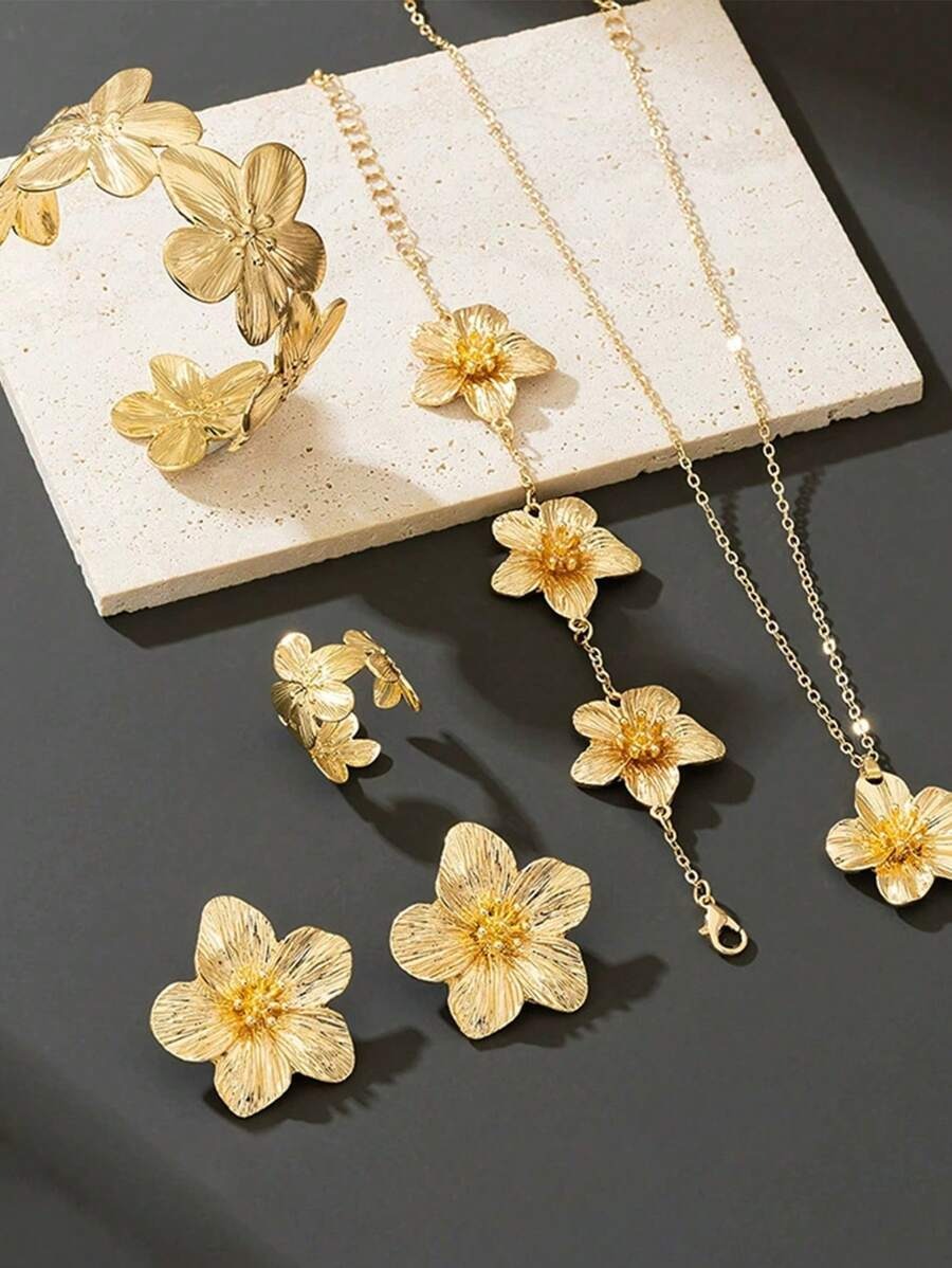 SHEIN طقم 6 قطع مجوهرات زهرة ذهبية وشراشيب