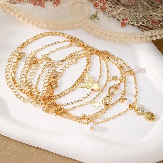 SHEIN سوار كاحل 5 قطع بوهيمي أناناس ولؤلؤ وفراشة مطلي بالذهب
