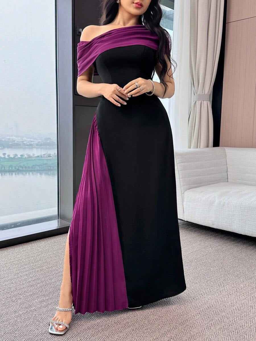 SHEIN Feyla فستان طويل أنيق مطوي بكتف غير متماثل