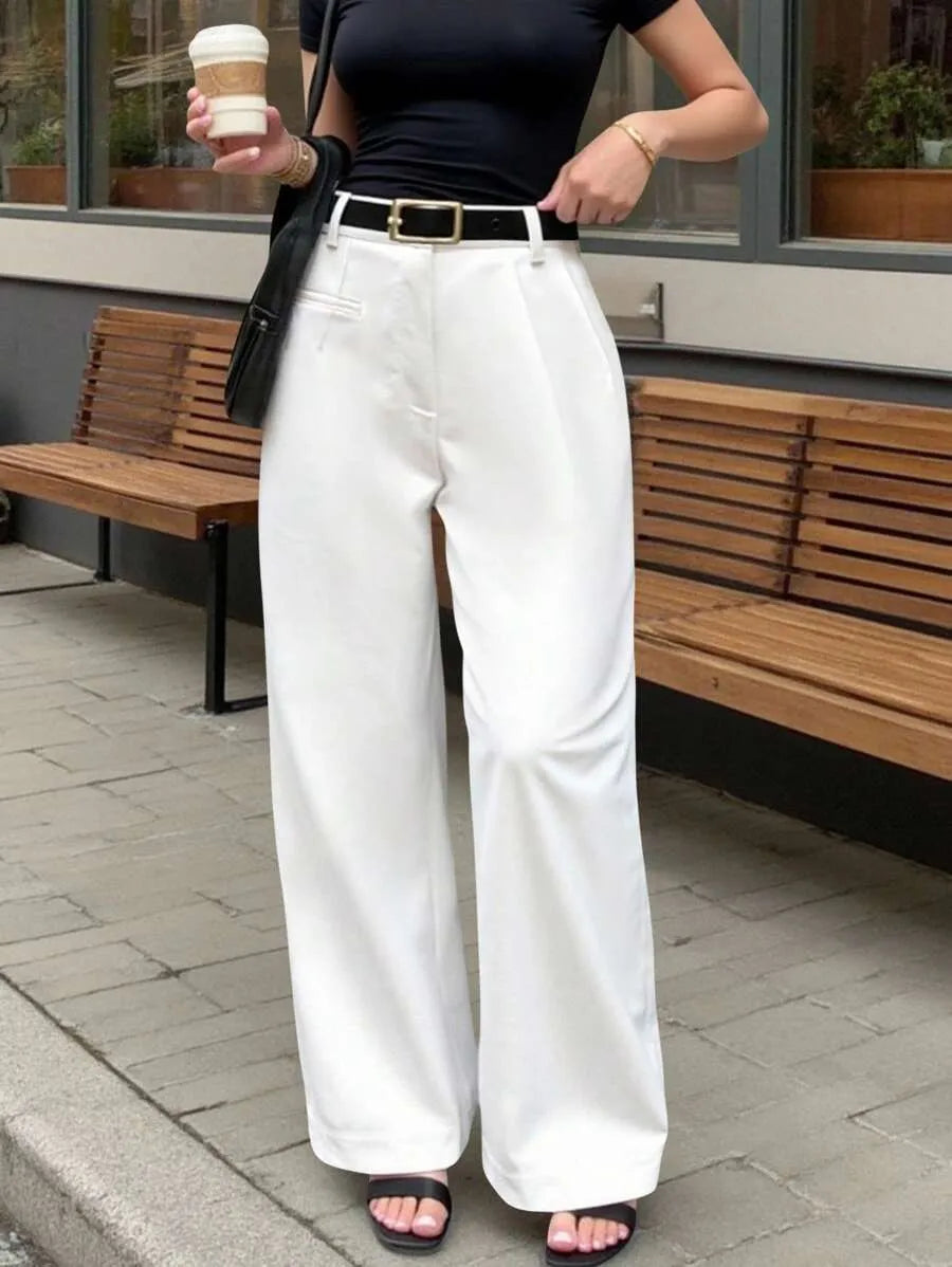 SHEIN EMERY ROSE بنطلون بلون أبيض طويل واسع الساق بخصر طبيعي