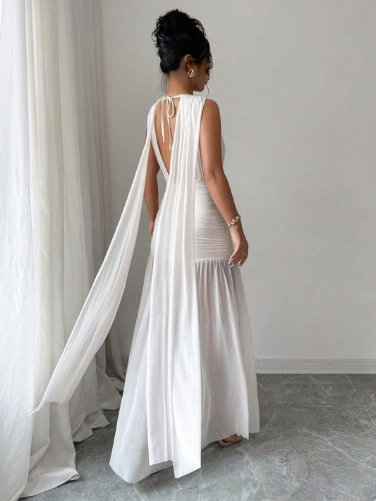 SHEIN Elenzga فستان طويل مشمشي بدون أكمام