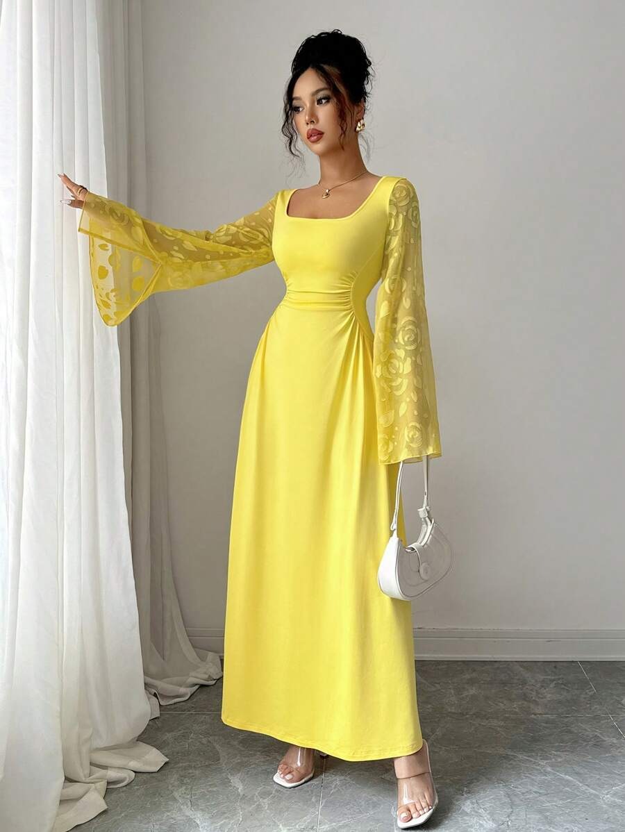 SHEIN Elenzga فستان أصفر بياقة مربعة وأكمام طويلة