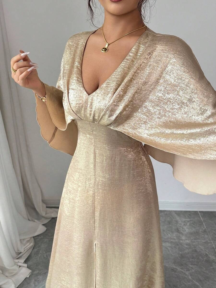 SHEIN Elenzga فستان سهرة ذهبي بأكمام خفاش وظهر مشقوق