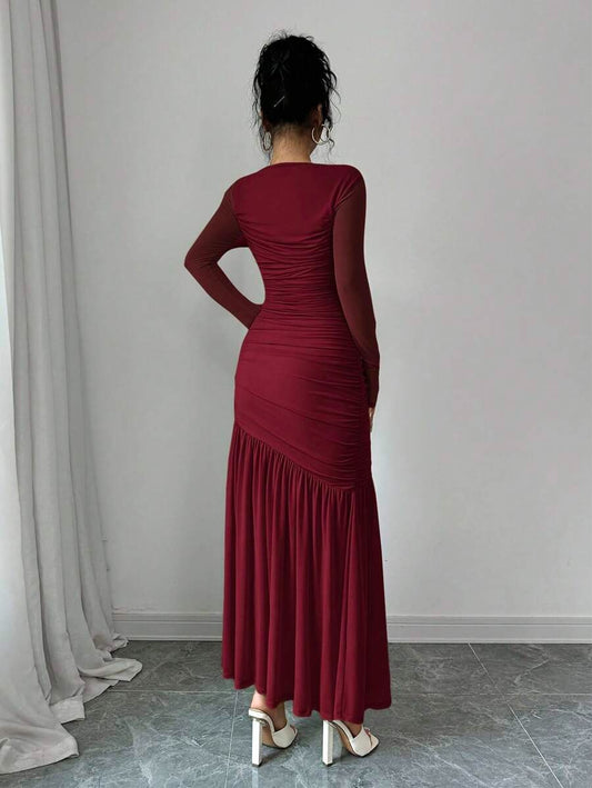 SHEIN Firerie فستان عنابي بأكمام طويلة وياقة دائرية