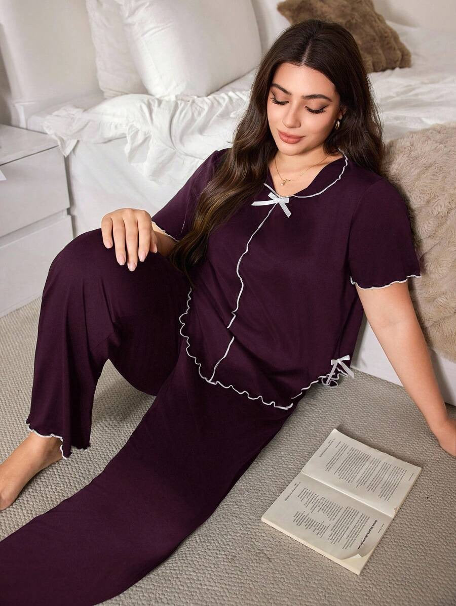 SHEIN Doze Lane طقم بيجامة ارجواني بياقة وفيونكة