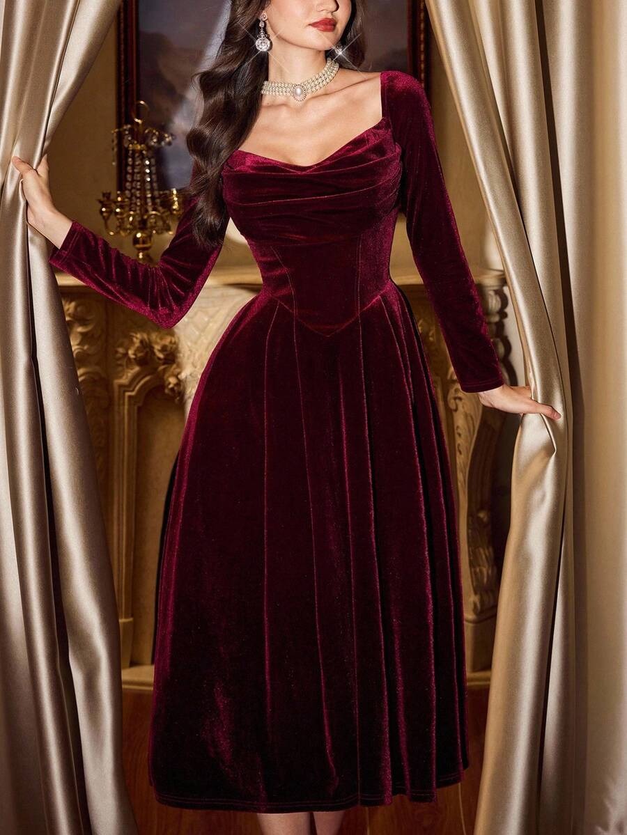 SHEIN فستان مخملي عنابي أنيق بجيوب وأكمام طويلة