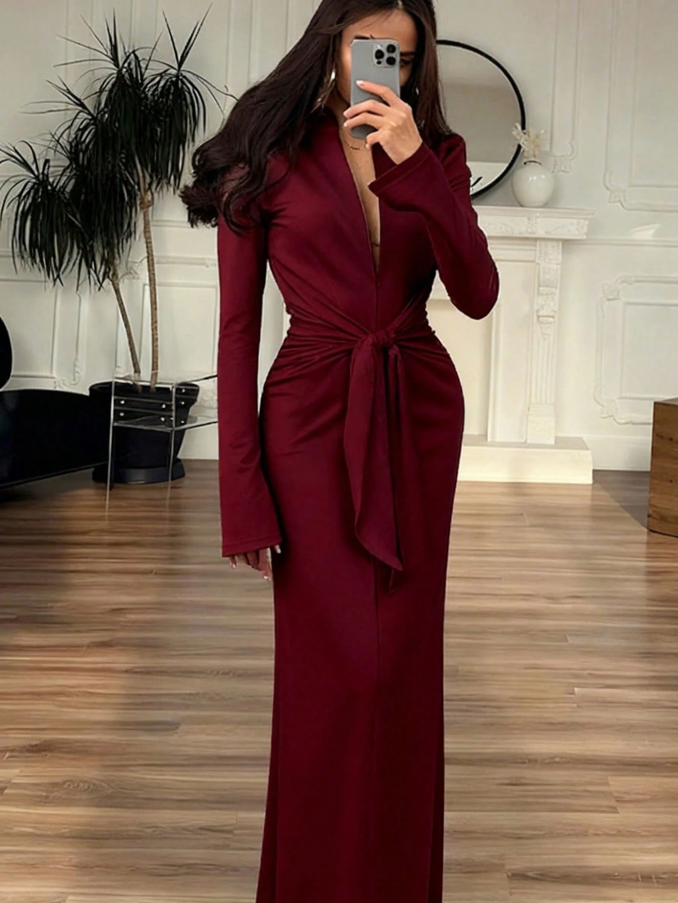 SHEIN فستان عنابي بأكمام طويلة وطوق وخصر مشدود بسحاب