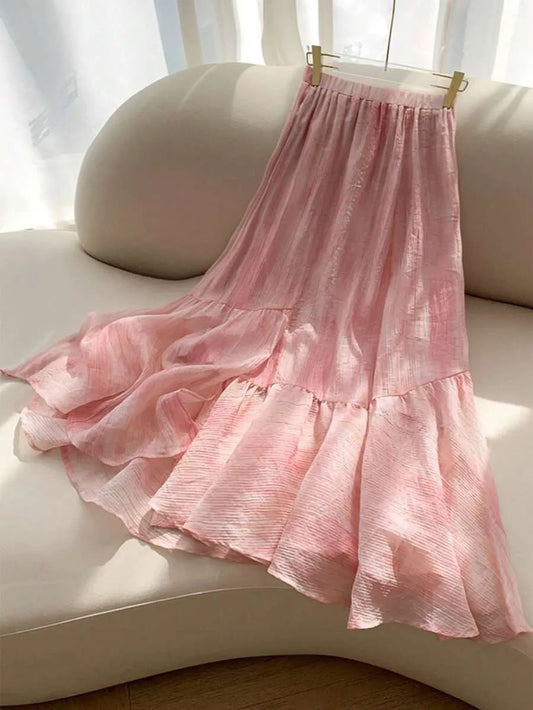 SHEIN تنورة صيفية طويلة بطبقات متدرجة بلون وردي ناعم