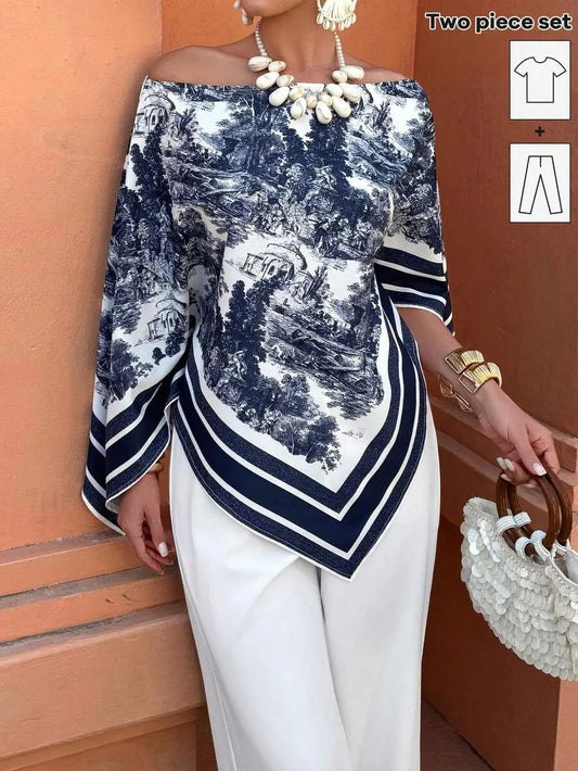 SHEIN Flora Isola طقم نسائي بلوزة مطبوعة وبنطلون لون أحادي