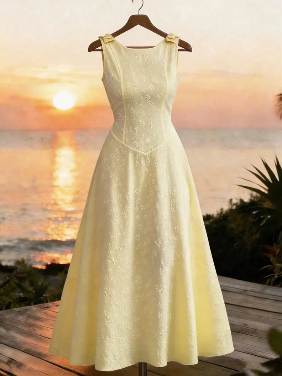 SHEIN Selianne فستان أصفر خزامى أنيق بخصر مربوط وياقة مستديرة