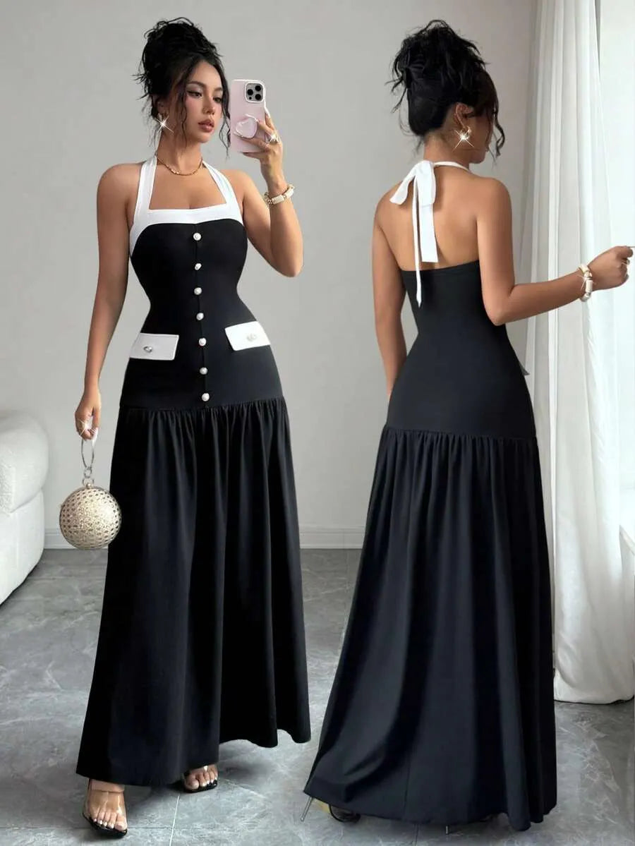 SHEIN Elenzya فستان أنيق بياقة حلقة وأزرار متباينة الألوان