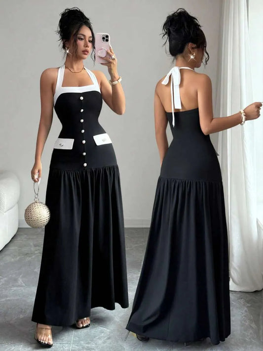 SHEIN Elenzya فستان أنيق بياقة حلقة وأزرار متباينة الألوان