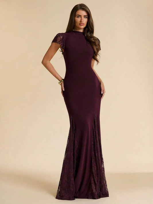 SHEIN BAE فستان نسائي بنفسجي برقوقي أنيق برقبة نصف عالية وأكمام قصيرة